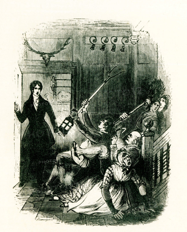 The caption for this 1853 illustration of a novel by Sir Walter Scott reads: Waverley Novels - St Ronan's Well - Ghaist Indeed Hawl up the candle John Ostler - I'se warrant it a two-handed ghaist and the foor left on the sneck. there's somebodyin the kitchen, gang forward wi' the lantern, John Ostler."" At this critical momentm the stranger opened the door of the kitchen, and behold the dame advancing at thehead of her household troops...But, nothwithstanding this admirable disposition, no sooner had the stranger shown his face, and pronounced the words ""Mrs dods!"" than a panic seized the whole array....And why should I frighten you, Mrs. Dods?  "" or, in one word, what is the meaning of all this nonsensical terror?"" ""Are you not,"" said Mrs. Dods, openening her eyes a little as she spoke, the ghaist of Francis Tirl?"" - St Ronan's well, Part II pp 106,107.