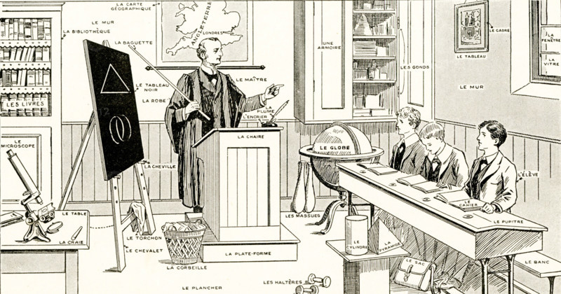 French Lesson in Pictures - The names of familiar things in a schoolroom. This picture enables us to learn easily the French names for the familiar things in a schoolroom. Reading from the left, we have the books in their bookcase, the microscope and a piece of chalk resting on the table, and the blackboard supported on the easel by the pegs. The duster and the wastepaper basket are below. On the wall hangs a map of England, in front of which the master in his robe stands at his desk on the platform holding the pointer. The pen rests in the inkpot on the top, and on the floor below are dumb-bells, a satchel, and behind the globe Indian clubs. The pupils sit on the bench, with copy-books before them on the desk, in front of which are the cylinder and pyramid for a drawing-lesson. To their right is a cupboard with the hinges of the door indicated, and behind them hangs a picture in its frame to the left of the window, with its panes of glass.