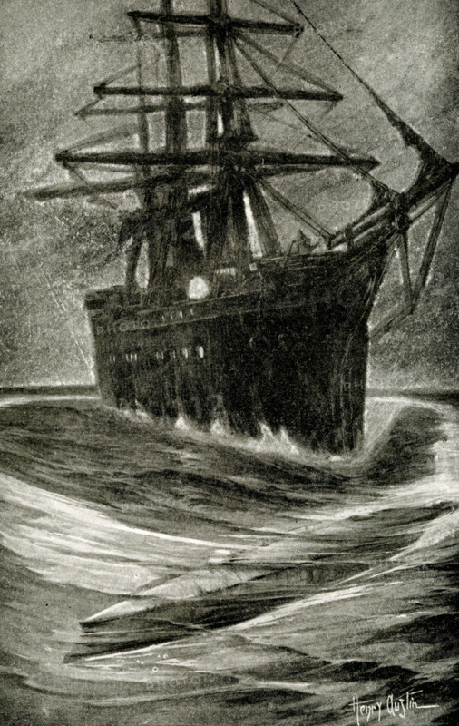The 1912 caption reads: ""Hidden Terror of Seas The wonderful submarine vessel invented and commanded by Captain Nemo circled the man-o-war like a beast of prey about to attack its victim and playing with it before it strikes death-blow."" Captain Nemo is a fictional character created by the French novelist Jules Verne. Nemo appears in two of Verne's science-fiction classics, Twenty Thousand Leagues Under the Seas and The Mysterious Island. He also makes a cameo appearance in a play on which Verne may have collaborated, Journey Through the Impossible.