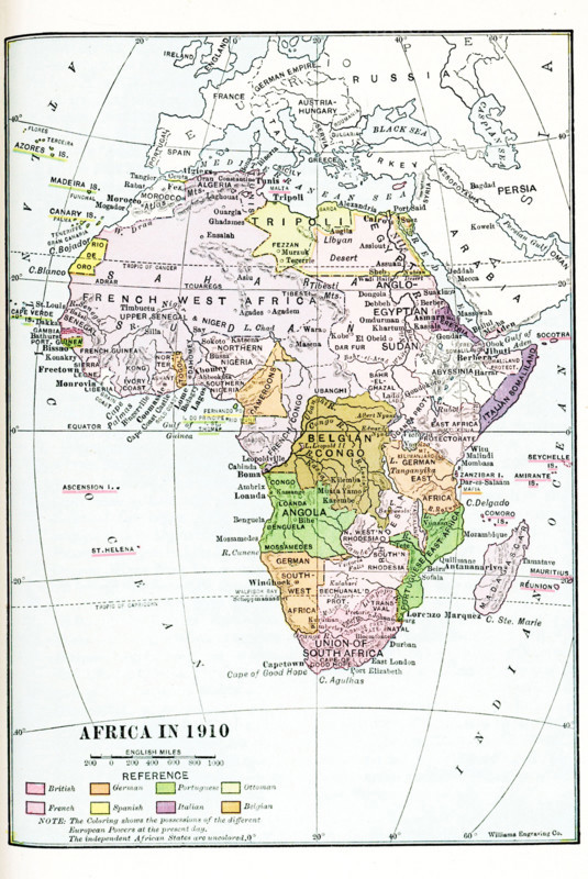Map of Africa in 1910.  Note: The coloring shows the possessions of the different European Powers at the time. The independent African States are uncolored.  British: dark pink; German: orange; Portuguese: green; Ottoman: light yellow; French:; pink; Spanish: yellow; Italian: purple; Belgian: tan.