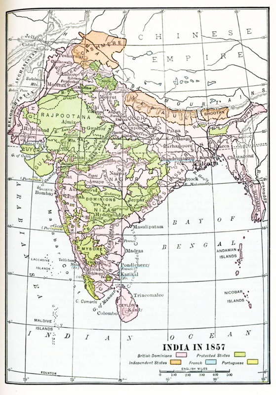 India in 1857. British dominions are in pink. Protected states in yellow. Independent states in orange. French in blue, Portuguese in yellow.