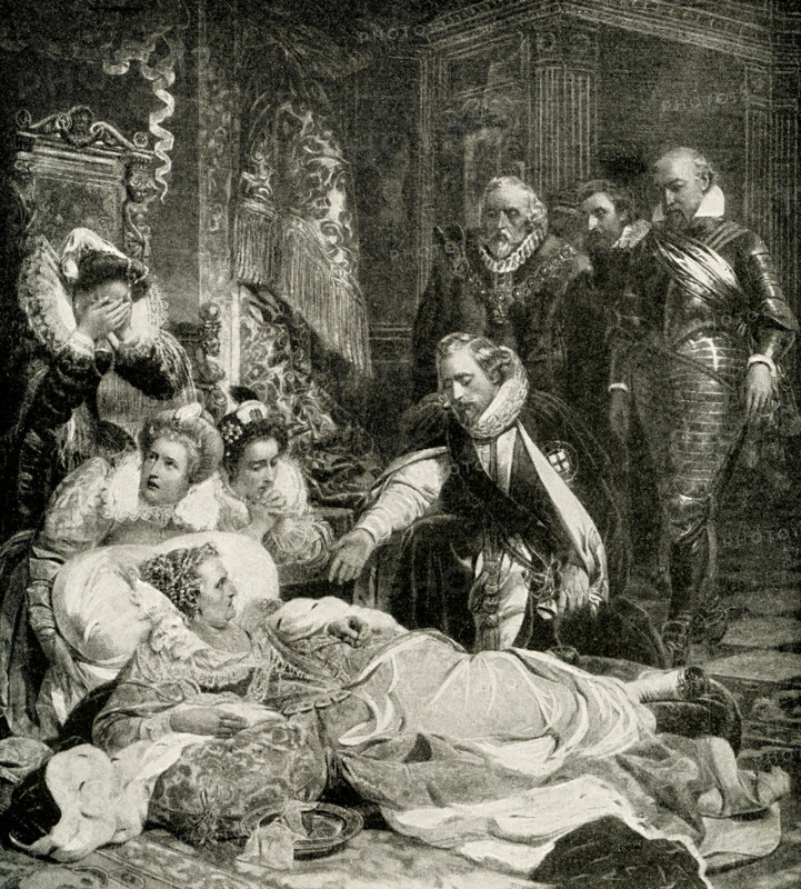 Last Hours of Queen elizabeth - from painting by Paul Delaroche: Elizabeth I was Queen of England and Ireland from 17 November 1558 until her death in 1603. Sometimes referred to as the Virgin Queen, Elizabeth was the last of the five monarchs of the House of Tudor. Hippolyte Delaroche, commonly known as Paul Delaroche (1797 1856) was a French painter born in Paris.
