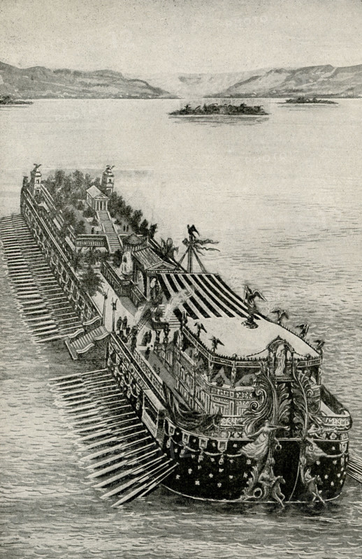 The caption for this 1912 image reads: ""Floating Palace of an Emperor. This picture of the wonderful floating palace that was built by the Roman emperor Caligula gives some idea of the magnificence of Cleopatra's galley, for Caligula's remarkable vessel, the remains of which lie under the waters of Lake Nemi in Italy, was probably made after the model of a famous galley belonging to one of Cleopatra's forefathers."" Caligula died AD 41.