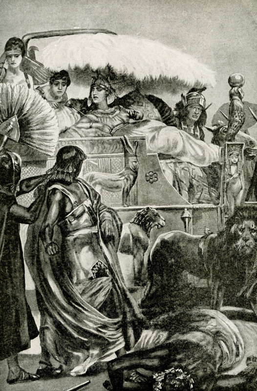 The caption for this 1912 image reads"" ""Cleopatra in all her splendor - prisoners of war being brought before Cleopatra, who is seated in her chariot.""  Cleopatra VII (69-30 B.C.), the daughter of Ptolemy XI,  of Egypt. She married her brother Ptolemy XII and began to rule Egypt with him when she was 17. She later aligned her self with Julius Caesar against her brother. Following Caesar's death, she aligned herself with Mark Antony. Following Antony's death, she is said to have killed herself, as legend has it, by the bite of an asp.