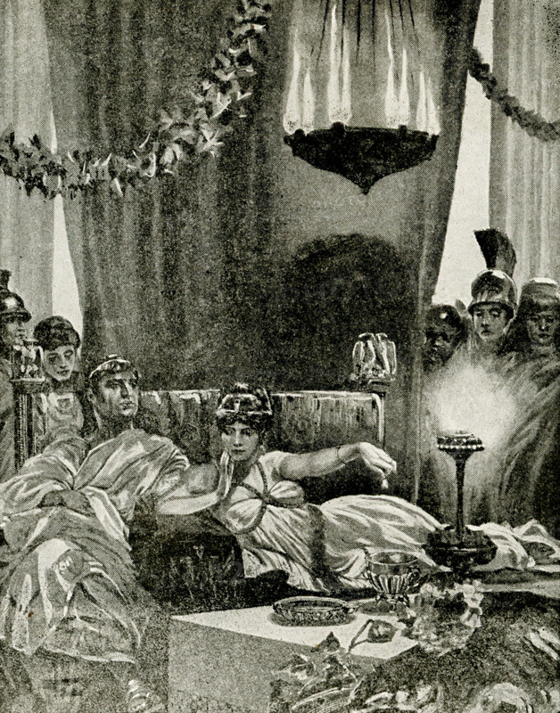 This 1912 images shows Cleopatra dropping a pearl into a golblet of wine. The Roman writer Pliny the Elder, in his Natural History, told of Cleopatra betting Marc Antony that she could host the most expensive dinner in history. To impress Antony and the Roman Empire he represented with the extent of Egypt's wealth., she crushed one large pearl from a pair of earrings and dissolved it in a goblet of wine (or vinegar), before gulping it down (the subject of this illustration.) Cleopatra VII (69-30 B.C.), the daughter of Ptolemy XI, of Egypt. She married her brother Ptolemy XII and began to rule Egypt with him when she was 17. She later aligned her elf with Julius Caesar against her brother. Following Caesar's death, she aligned herself with Mark Antony. Following Antony's death, she is said to have killed herself, as legend has it, by the bite of an asp.