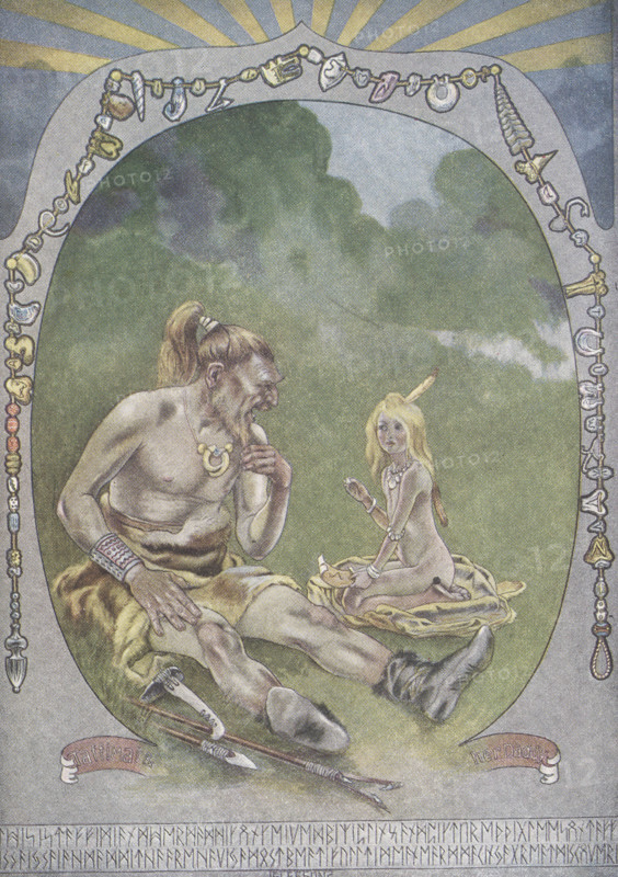 This 1912 image by J M Gleeson illustrates Kipling's How the alphabet was made. Neolithic man Tegumai Bopsulai is out fishing with his daughter Taffy. They talk about the episode in ""How the First Letter was written"", when Taffy's attempt to send a message in a drawing led to complete misunderstanding. Taffy suggests a way of representing the sounds of the Tegumai language in pictograms. Together she and her father evolve a system using familiar objects and facial expressions, which when simplified become letters of the alphabet. The system was adopted and improved for thousands of years and now all children should learn the alphabet as soon as they are old enough.  Joseph Rudyard Kipling (1936) was an English journalist, short-story writer, poet, and novelist. He was born in British India, which inspired much of his work. Kipling's works of fiction include the Jungle Book dilogy, Kim, the Just So Stories (published 1902) and many short stories, including The Man Who Would Be King. J...
