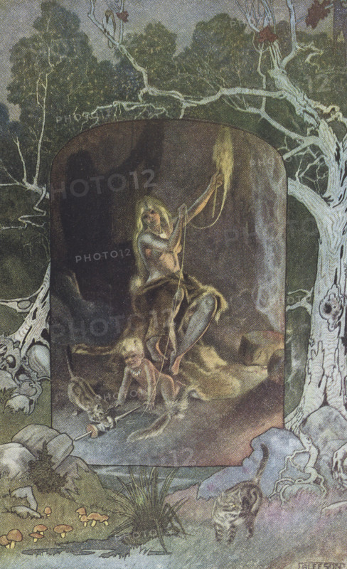 This 1912 image by J M Gleeson illustrates Kipling's The cat that walked by himself. Originally all the tame animals were wild, but especially the Cat: he walked by himself and all places were alike to him. The Man was wild too until he met the Woman, who chose a Cave for them to live in, lit a fire in it and hung a horsehide over the opening. She cooked a meal of wild ingredients. While the Man slept, she took the bladebone of a shoulder of mutton and made a Singing Magic. This attracted the Dog, and on the next two nights she similarly lured the Horse and the Cow to visit the cave. They agreed to provide services to the couple, the Dog in exchange for roast meat and the other two for hay that she had dried by the fire. Each time the Cat followed and eavesdropped, called them fools, and went off to tell no one. On the fourth night the Cat went to the cave and smelt the warm milk from the Cow.  The Woman laughed at him and told him to go back to the woods. The Cat flattered her and ask...