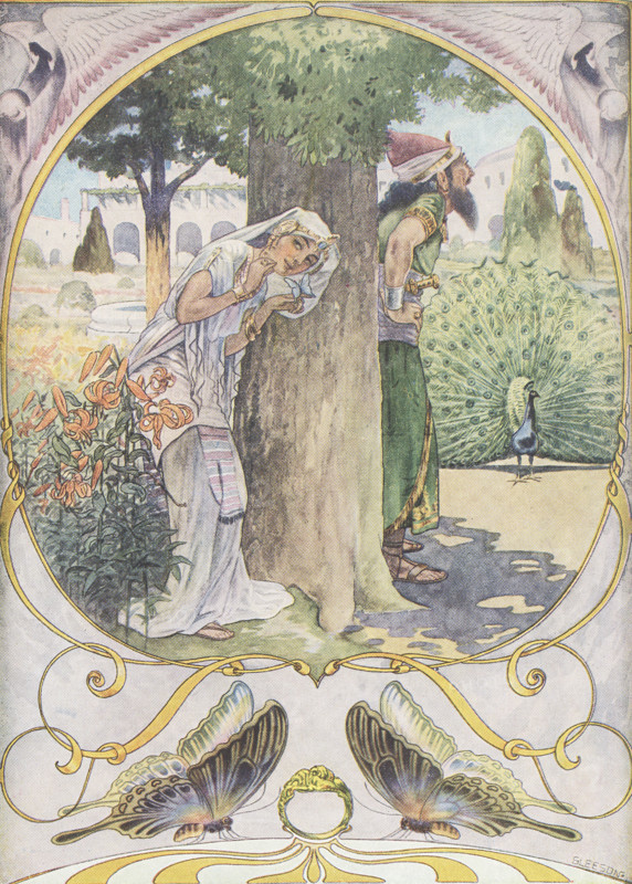 This 1912 image by J M Gleeson illustrates Kipling's The butterfly that stamped. King Solomon was so wise he could understand what all creatures said, as well as rocks, trees, plants and people, and his Head Queen Balkis was nearly as wise as he. He wore a magic ring that gave him power to summon Djinns, Afrits, Fairies and the Archangel Gabriel. But he was not proud, and if he ever showed off he repented it. Once he tried to feed all the world's animals in a day, but an Animal came out of the sea and gobbled up all the food, commenting that in his family that was barely a snack, a lesson that Solomon remembered. He had a thousand wives, and they all lived in a palace together. The wives kept quarrelling, all except Balkis. He went to find peace in his garden. Solomon heard two butterflies quarrelling. The male one told his wife he could stamp his foot and the palace and garden would disappear. Solomon, laughing, called him and asked why he told such a fib, and he said it was to silenc...