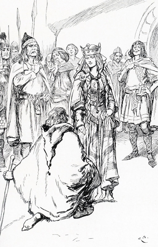 In 988, Olaf Tryggvason sailed to England, because an assembly (thing)  had been called by Queen Gyda, sister of Olaf Cuaran, King of Dublin. Gyda was a widow and searching for a new husband. A great many men had come, but Gyda singled out Olaf Tryggvason. They were to be married, but another man, Alfvine, took objection, and challenged Olaf and his men to the Scandinavian duel. Olaf and his men fought Alfvine's crew and won every battle, but did not kill any of them; instead, they bound them. Alfvine was told to leave the country and never come back again. Gyda and Olaf married.