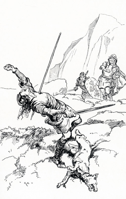 The early 1900s caption reads: ""Olaf shot a spear at Thorir and it struck him."".