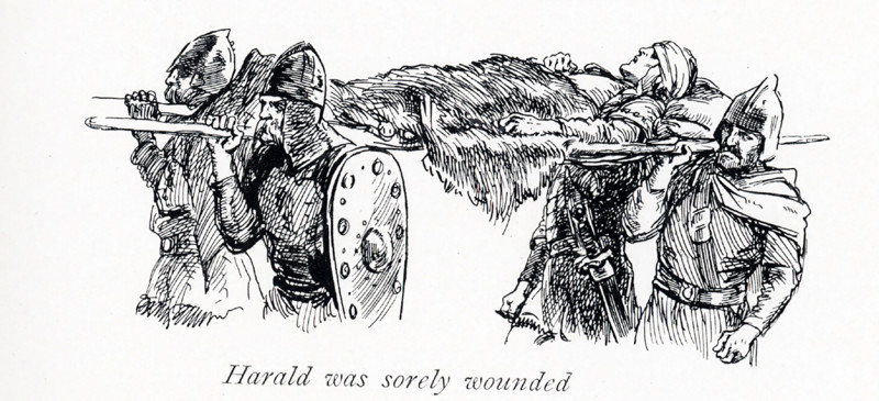 The early 1900s caption reads"" ""Harald the Hardredy was sorely wounded."" Harald Sigurdsson, also known as Harald III of Norway and given the epithet Hardrada (Hardredy) in the sagas, was King of Norway from 1046 to 1066. Additionally, he unsuccessfully claimed both the Danish throne until 1064 and the English throne in 1066. The Battle of Stiklestad did not go well for the half-brothers Olaf and Harald. Olaf was killed, possibly by the spear of Thorir Hund, and Harald was severely wounded. Olaf's body was secretly taken away to be buried and Harald managed to escape.