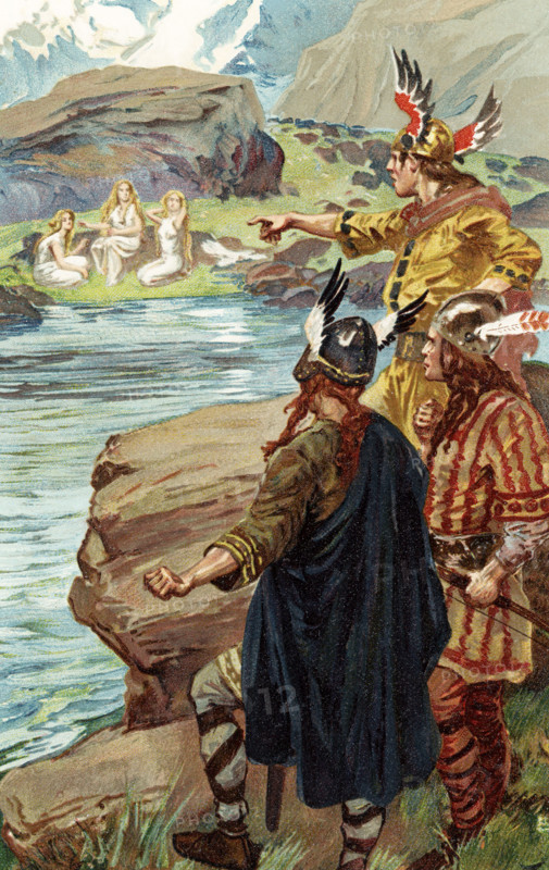 The early 1900s caption reads: ""Sons of the Fins-Slagfinn, Egil, and Volund. They traveled south to Sweden and came to lake in place Wolfsdale and saw on margin of lake three maidens sitting and spinning flax.""  The three brothers and their Valkyrie-wives are believed to represent the first three ages of the fourth humanity. Oldest was Egil, the innocent, whose children became the servants of Thor. The second was named Slagfinn, the hunter; the third, which in the tale gave the seed of the fourth great age, was Volund, the elf-king, the soul of humanity during that phase. Early one morning they found three women on the shore spinning flax, and beside them lay their swan-disguises, for they were Valkyries.