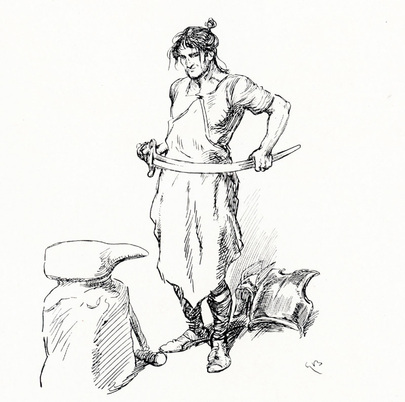 The early 1900s caption reads"" The sword Volund made for himself was so supple he could wind it around his body."" Volund is a mythical smith-god of the Nordic and Germanic peoples, whose shocking and brutal tale of revenge is relayed in the Volundarkvida, a poem in the Poetic Edda.