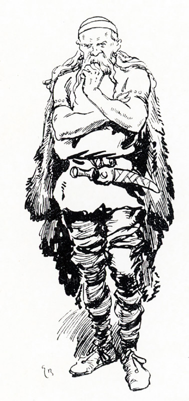The early 1900s caption read: ""Ketill Flatnose."" Ketill Flatnose was the son of Bjorn the Ungartered. He was a mighty and high-born chieftain (known as a hersir) in Norway. He lived in Raumsdale, within the folkland of the Raumsdale people, which lies between Southmere and Northmere. Ketill Flatnose's wife was Yngvild, daughter of a wealthy man named Ketill Wether.