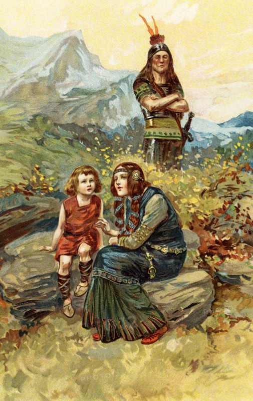 The early 1900s caption reads: ""The bondswoman and Olaf her son sat in the morning sunshine, son of Hoskuld."" Olaf the Peacock or Olaf (c. 938-1006) was a merchant and chieftain of the early Icelandic Commonwealth, who was nicknamed ""the Peacock"" because of his proud bearing and magnificent wardrobe. Olaf was the son of Hoskuld Dala-Kollsson, a chieftain who lived in the Laxardal region, and of a slave woman. Olaf and slave woman are pictured here.