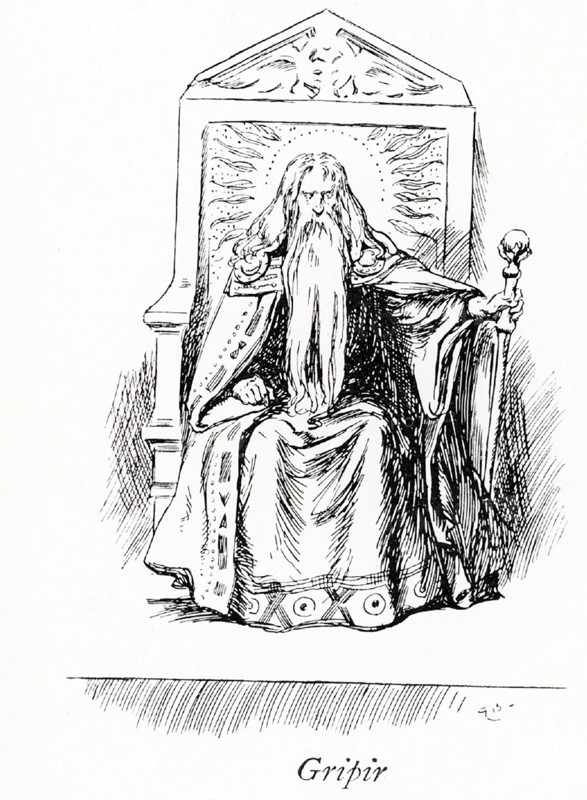 This early 1900s illustration shows Gripir. Gripir was the son of King Eylimi, and the brother of Hjordis and maternal uncle of Siguror. He ruled over lands and was of all men wisest and prescient of the future. In the eddic poem Gripir's Prophecy,"" a youthful Siguror arrives at his hall and is met by a man named Geitir.