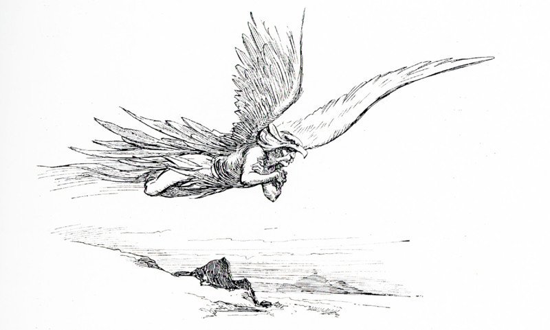 Loki flew to the land of the giants to find Thor's hammer, Mjollnir. There he met Thrym, king of the frost giants, who had taken the hammer and demanded the goddess freyja in return for the hammer. The illustration dates to 1913.