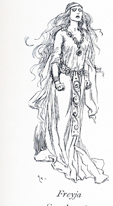 In Scandinavian (Norse) mythology, Freya, also spelled Freyja and Freyia, was the goddess of fertility, love and marriage, and light and peace. Her brother was Freyr. When Freya wore Brisingamen, the necklace the dwarves made for her, no man or god could withstand her charms. Myths said she rode in a chariot pulled by two black cats. The cats were a gift from the Norse god Thor. This illustration dates to 1913.