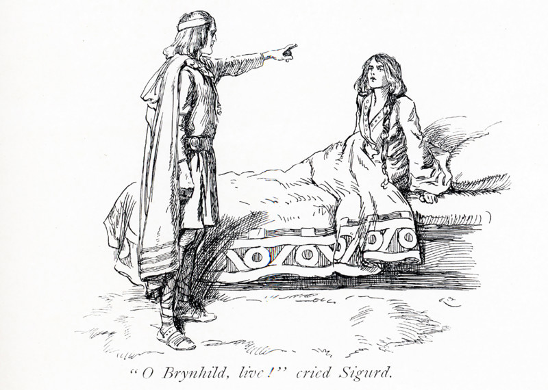 The early 1900s caption reads: ""Brynhild, live‚ cried Sigurd.""  According to legend, Sigurd found and wakened Brynhild, a maiden who lay in an enchanted sleep upon a high mountain. They loved one another, and Sigurd gave her a ring from the dragon's treasure, promising to return and marry her.