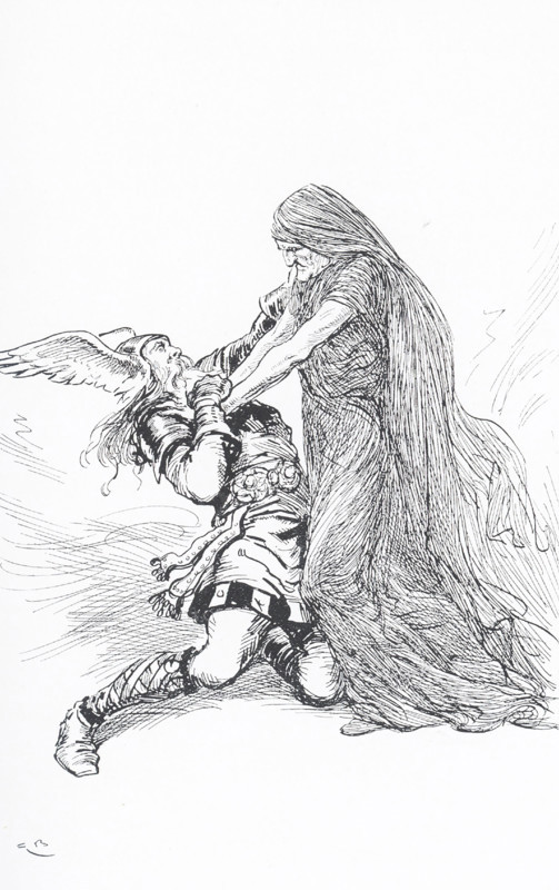 In Scandinavian (Norse) mythology, the old woman who could defeat Thor was known as Elli. She was one of the servants of Utgarda-Loki living in Jotunheim, the land of the giant. Thor was the god of thunder, and thus the god of might and war. The son of Odin, he had a magical hammer named Mjollnir that returned to him, a belt of strength, and iron gloves.  This illustration dates to 1913.