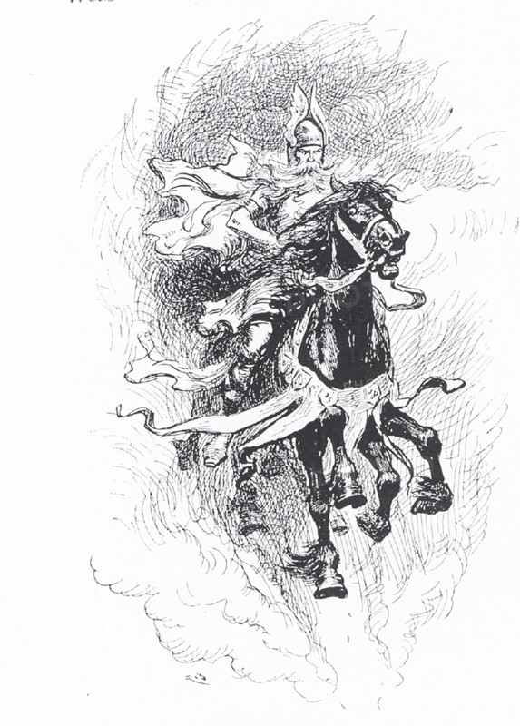 In this 1913 illustration, Odin has mounted Sleipner, his eight-legged horse. In Scandinavian (Norse) mythology, Odin was one of the chief gods and the ruler of Asgard (the country or capital of the Norse gods). He is often pictured with two ravens, Hugin (also Huginn - and meaning ""thought"") and Munin (also Muninn and meaning ""memory"") and two wolves, Geri and Freki (both meaning ""greedy"" or ravenous one""). This illustration dates to 1913.