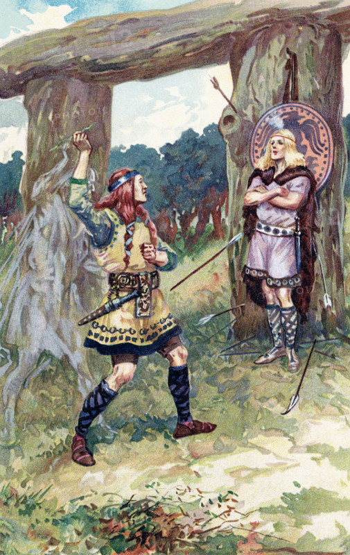 The 1913 caption reads"": Hodur took mistle toe from Loki and Loki guided his arm and hurled it at Baldur."" Balder (also Baldr and Baldur) is the Norse god of peace and light and spring. The son of the powerful Odin, he was beloved by the Aesir, the Norse gods. A prophecy foretold that at death, Balder's body was to go to Hel, not Valhalla as he was not a warrior. The Aesir tried to forestall Baldur's death by having all gods, animals, plants, everything swear not to harm Baldur. Only the mistletoe was not included in the oath. Loki, the trickster god, tricked Baldur's blind brother Hodur to shoot at Baldur. Everyone was doing it - but as everything had taken an oath, nothing touched Baldur. Hodur could not see that Loki gave him the mistletoe to shoot. Hodur did and it hit Balder, killing him (shown here).