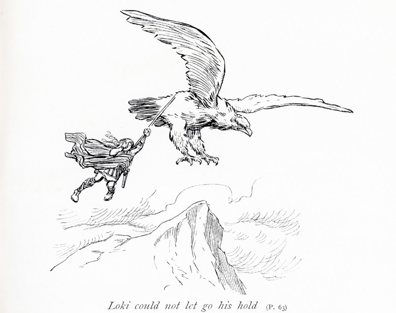 The early 1900s caption reads: Loki could not let go his hold"" of the eagle. Loki is the personification/deity of mischief. He murdered Baldr, the god of joy and peace, and was punished by being bound to three slabs of stone with the entrails of his son Narfi.