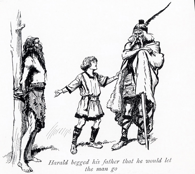 The early 1900s caption reads: Harald Hairfair begged his father that he would let the man go.""  King Halfdan is the father, and Harald is 10 years old. Halfdan the Black (father) was a king of Vestfold. He belonged to the House of Yngling and was the father of Harald Fairhair, the first king of a unified Norway. Of Scandinavian origin, the term ""Halfdan"" means ""half Dane."" The time period is given as 12th century/13th century, There is some doubt as to whether Fairfair is a mythical or historical character.