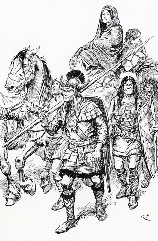 This illustration shows Astrid escaping with all the valuables she could manage. Astrid  Olofsdotter of Sweden  (wife of Olaf II of Norway) was described as beautiful, articulate and generous, and well-liked by others. She was the mother of Wulfhild of Norway (1020-1070), who married Ordulf, Duke of Saxony, and the stepmother of King Magnus the Good. This illustration by Gordon Browne dates to 1913.