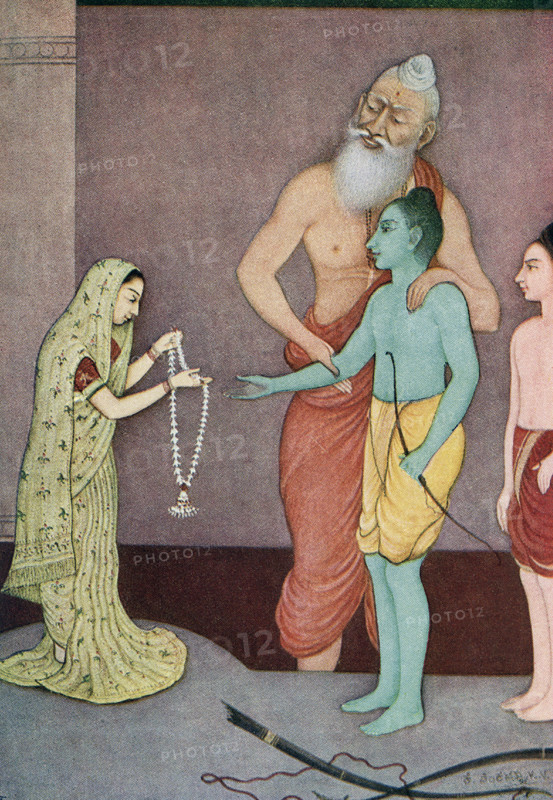 This print showing Rama's Marriage dates to 1913. According to the Ramayana, Lord Shiva had gifted a celestial bow to King Janaka of Mithila. King Janaka set the condition that he would marry his daughter Sita to the person who would be able to string Pinaka, the bow of Lord Shiva. In the assembly of the court of King Janaka, Rama effortlessly lifted the bow and stringed it, and then, stretching the bowstring to examine its tautness, Rama unintentionally broke the bow, the sound of its breaking resounded like thunder and the earth trembled.