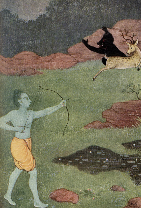 This print of the Death of Maricha dates to 1913. Rama fired his Astra (weapon) Manavastra (which could hit a target miles away) from his bow. The arrow struck Maricha's chest and threw him a hundred leagues away, into the ocean. In the Hindu epic Ramayana, Maricha (also spelled Mareecha) is a demon, who was killed by Rama, the hero of the epic and an avatar of Lord Vishnu.