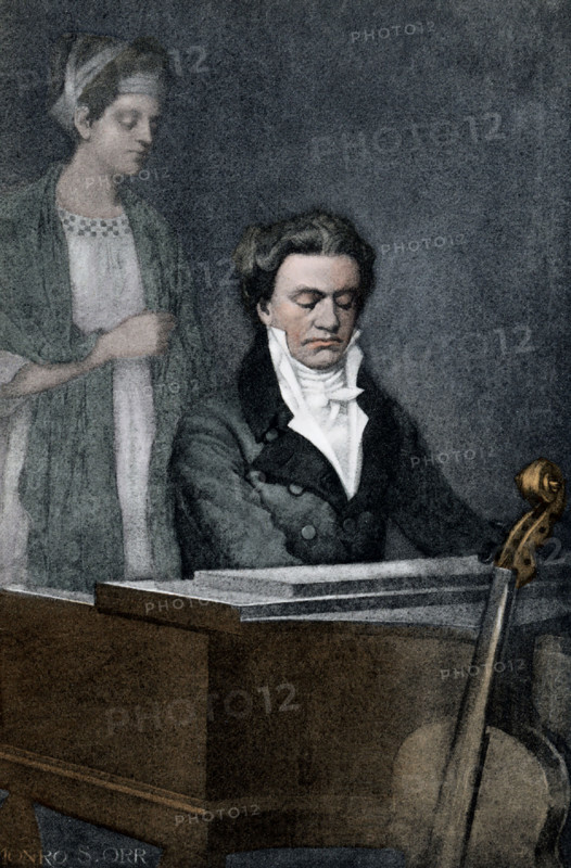 This illustration shows the German composer Ludwig van Beethoven and the Countess Therese. Beethoven (1770-1827), a composer and pianist is one of the most admired composers in the history of Western music. His works rank amongst the most performed of the classical music repertoire and span the transition from the Classical period to the Romantic era in classical music. Countess Therese was a member of the Hungarian nobility. One of  Beethoven's students, she was the dedicatee for his Piano Sonata No. 24. Some speculated that she, not her sister Josephine who is generally accepted as the addressee, may have been the intended recipient of Beethoven's letter to the ""Immortal Beloved."".