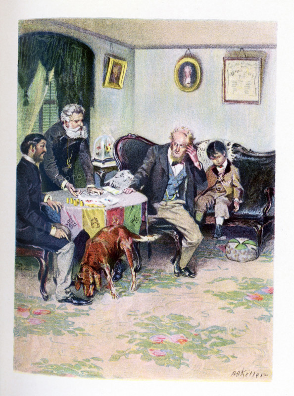 Amos Judd is a novel written in 1895 by J.A. Mitchell (1845-1918). It takes place against a background of civil war in northern India. The seven-year-old rajah is smuggled out by three faithful followers - two Hindus and one American. The boy was brought to a Connecticut farmhouse and given the name Amos Judd. As he grew up, he had the amazing ability to foresee events. The caption accompanying this illustration in the novel: How much do they represent, the whole lot. The men at table are Amos Judd,  Mr. Morton Judd, and the General who brings forth from inner pocket a small silk bag with a handful of precious stones, including rubies. In the background is a young boy almost asleep on a sofa.