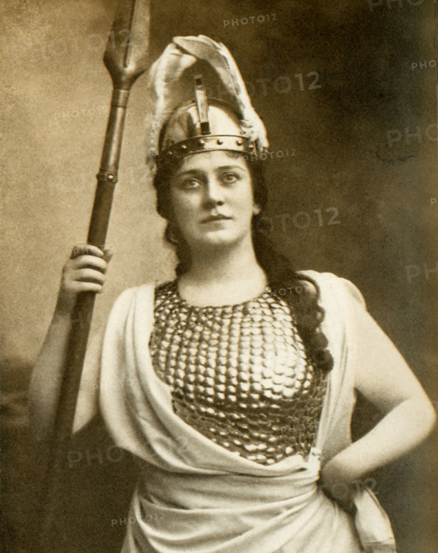 This photo shows Madame Lillian Nordica as Brunhilde in Wagner's Valkyrie. Nordica was an American prima donna who was born in Farmington, Maine, in 1859 and became of greatest Brunhildes of the day and famous in all the great Wagnerian music-dramas such as Lohengrin, The Valhyrie, and Tristan and Isolde. She made operatic debut at Brescia in 1879 in La Traviata.