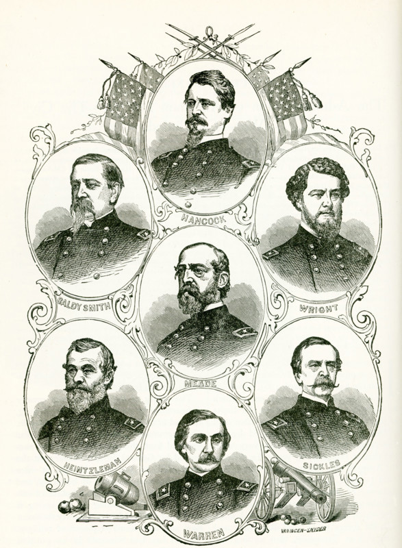 The illustration here shows the portraits of some of the Generals of the Army of the Potomac. they are, from top to bottom, left to right: Hancock, Baldy Smith, Wright, Meade, Heintzleman, Sicklees, Warren.