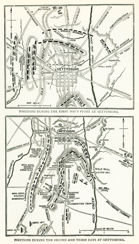 The Battle of Gettysburg was fought July 1-3, 1863, in and around the town of Gettysburg, Pennsylvania, by Union and Confederate forces during the American Civil War. The battle involved the largest number of casualties of the entire war and is often described as the war's turning point. Union Maj. Gen. George Meade's Army of the Potomac defeated attacks by Confederate Gen. Robert E. Lee's Army of Northern Virginia, ending Lee's attempt to invade the North. Shown here - Top - First Day of Battle. Bottom: Second and Thurd Day of Battli.
