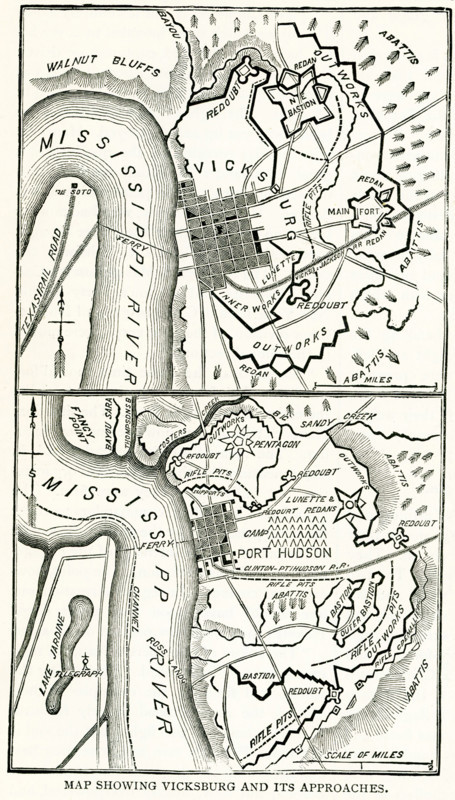This map dating to late 1800s shows Vicksburg and the approaches to the city during the Civil War. The Battle of Vicksburg, which took place in 1863, was a decisive Union victory during the American Civil War. The battle was part of the Union's Anaconda Plan to cut off trade to the Confederacy. The Union's Major General Ulysses S. Grant led the forces besieging Vicksburg, a Confederate stronghold located on the east bank of the Mississippi River.