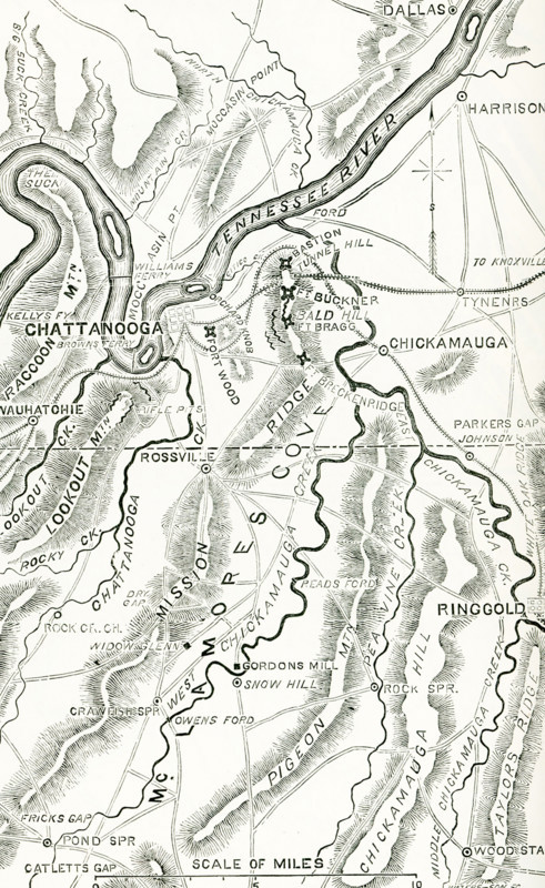 Shown here is a map  of the Chickamauga and Chattanooga campaigns during the American (US) Civil War. The Confederate army secured a decisive victory at Chickamauga (Sept 18-20, 1863)  but lost 20 percent of its force in battle. After two days of fierce fighting, the Rebels broke through Union lines and forced the Federals into a siege at Chattanooga. The Federals' victory at Chattanooga (Nov 23-25, 1863) opened up the Deep South for a Union invasion and set the stage for Maj. Gen. William T. Sherman's Atlanta Campaign the following spring.