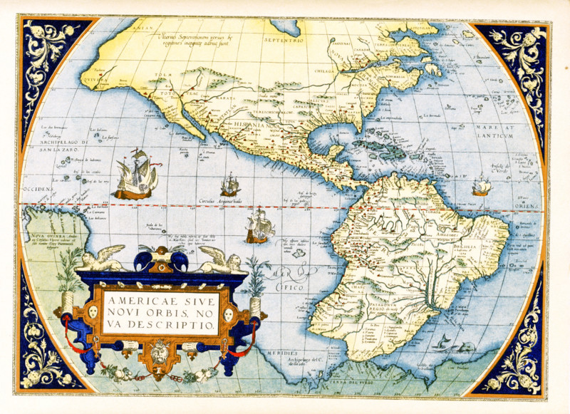 Abraham Ortelius's map of the Americas, Americae sive Novi Orbis, Nova Descriptio.   Originally published in 1570, the first plate of this map was based off of Gerard Mercator's multi-sheet map of the world from 1569. Engraved by Frans Hogenberg, this became one of the most famous influential maps of the New World and the basis for a great deal of future cartography of the Americas.  Abraham Ortelius (1527-1598) was a Dutch cartographer, geographer, and cosmographer, conventionally recognized as the creator of the first modern atlas, the Theatrum Orbis Terrarum.