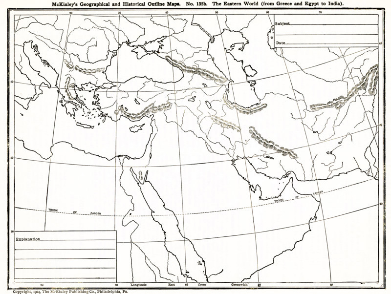 This geographical and historical outline map shows the Eastern world from Greece to Egypt to India.