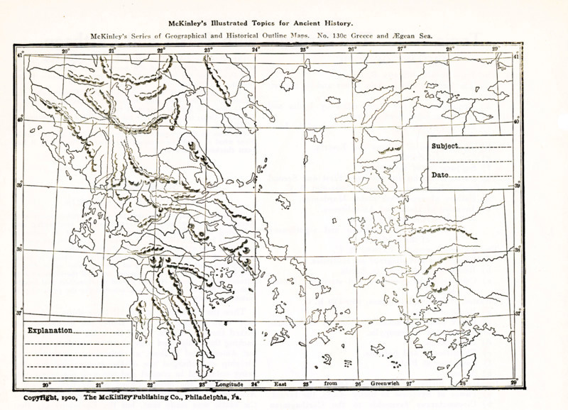 This geogrpahical and historical outline maps shows Greece and the Aegean Sea area.