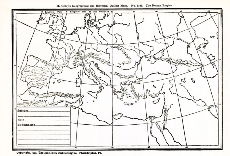 This geographical and historical outline map focuses on the area that was known as the Roman Empire.