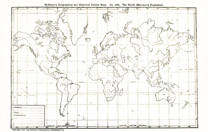 This geographical and historical outline map shows the world according to Mercator's Projection.