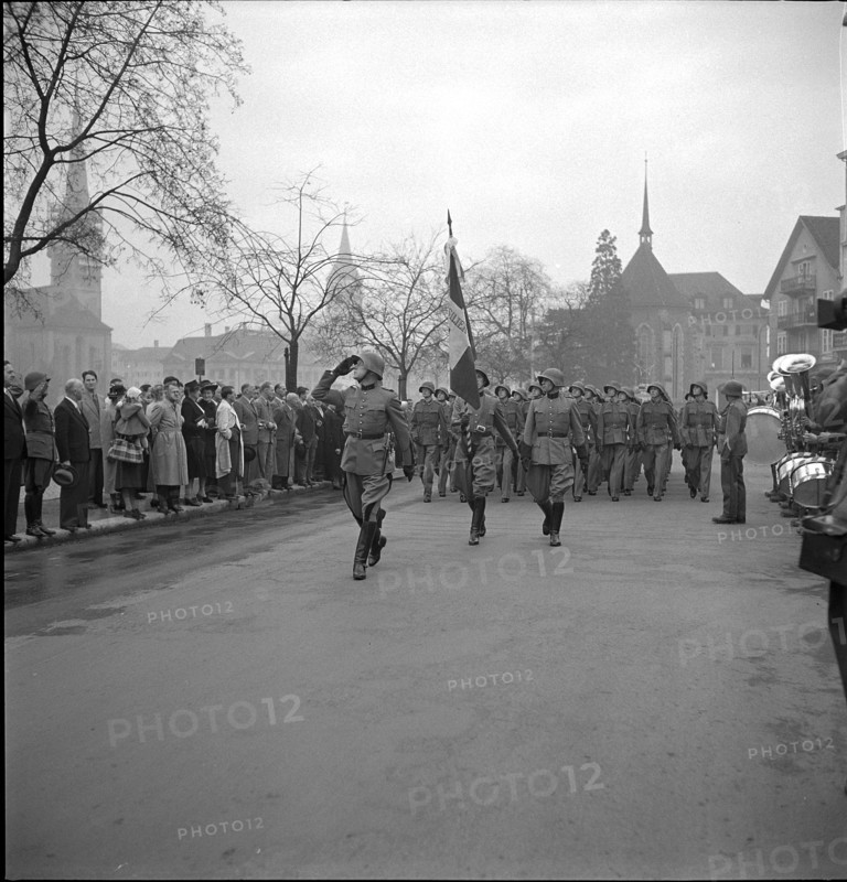 Military officers marching at Limmatquai Zurich 1948.