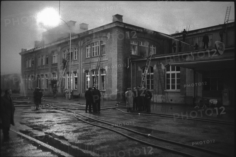 Fire brigade at fire in refrigerator factory, Arbon 1962.