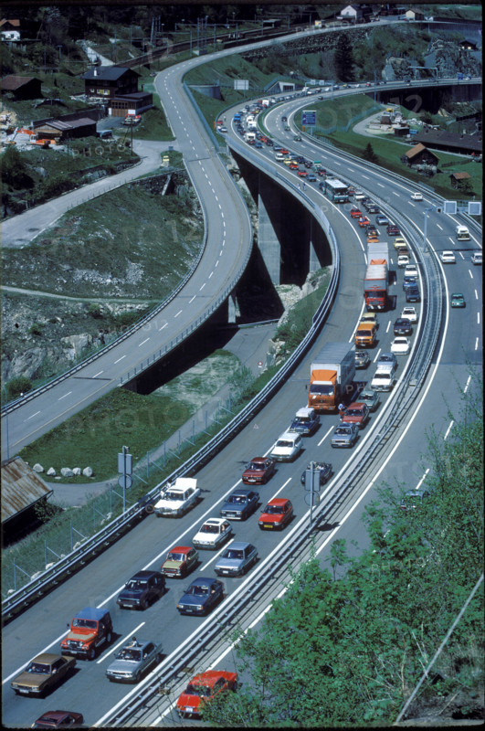 Line of cars on Gotthard motorway 1986.