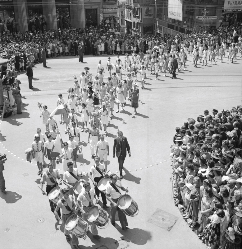 Procession of the schoolchildren at the Fete du Bois, Lausanne 1942.