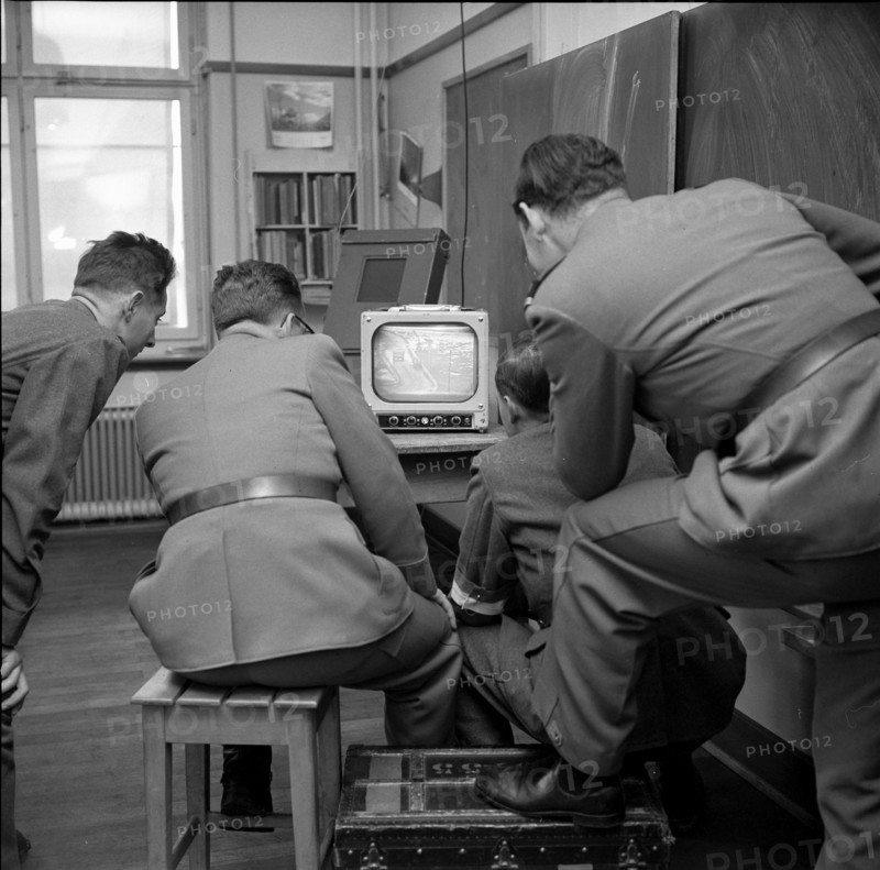 Headquarters monitoring manoeuvre on TV, Waldstatt 1956.