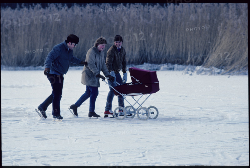Winter 1987: Ice Skating with a pram.