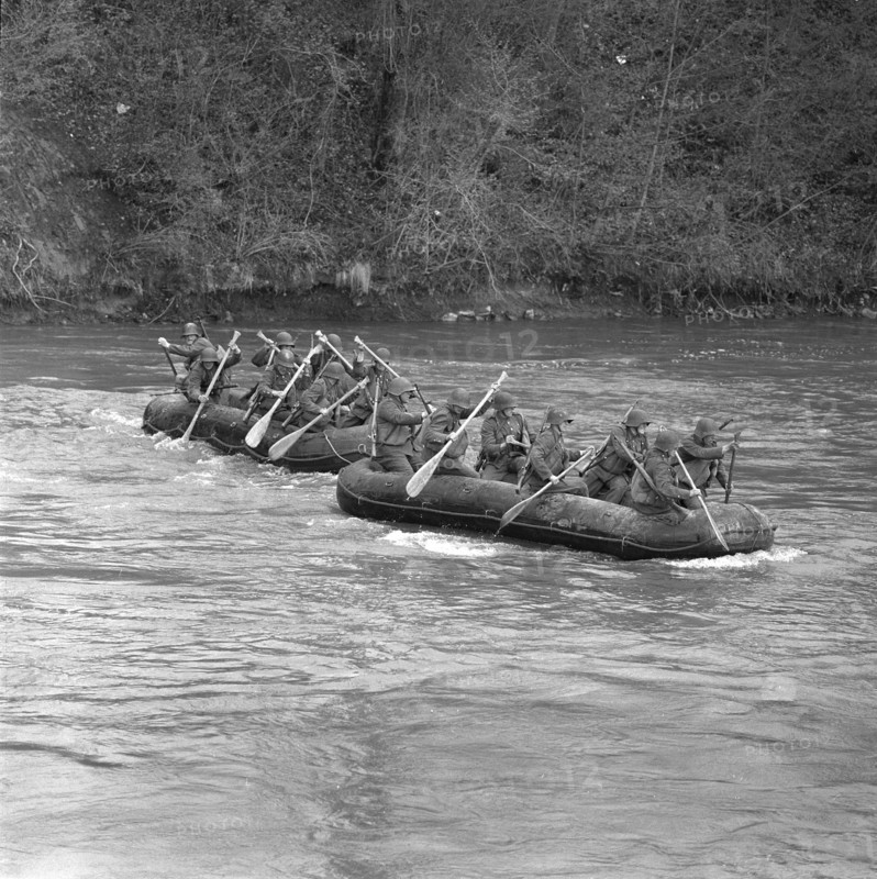 Pontooneers crossing Reuss by rubber dinghy 1956.